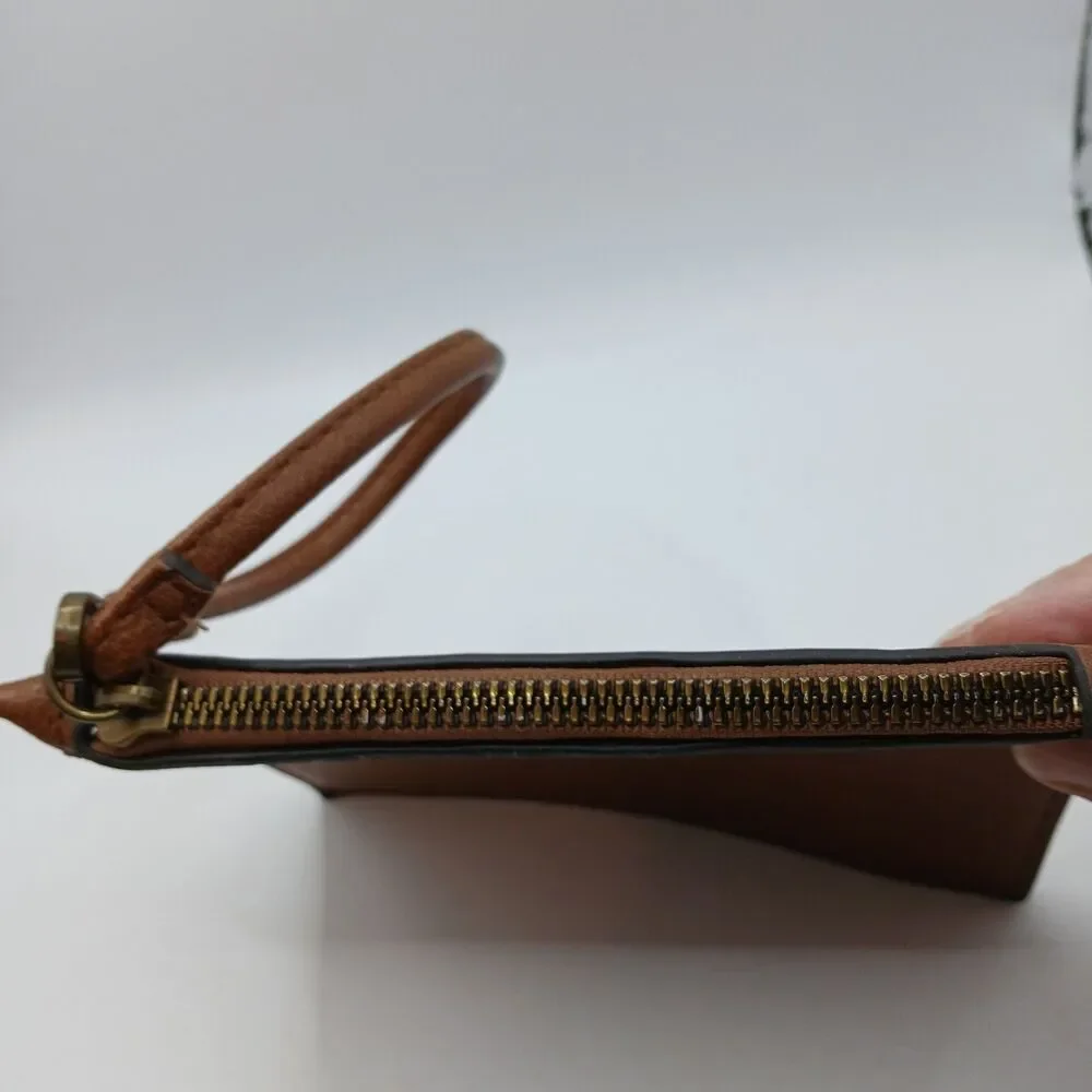 Darcy Marks London Wristlet Wallet Dark Brown Faux Leather Zip Top Thin Profile